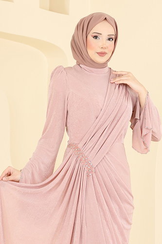 moda selvim فستان سهرة بيج وردي 173DMNK1166 - Thumbnail