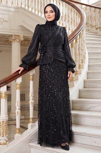 moda selvim Evening Dress 175DMNK1166 Black - Thumbnail