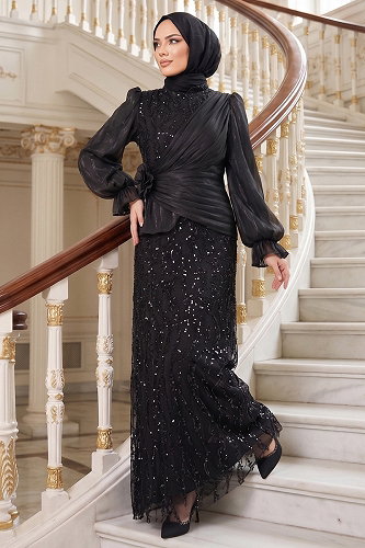 moda selvim فستان سهرة أسود 175DMNK1166 - Thumbnail