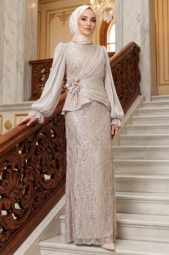 moda selvim Evening Dress 175DMNK1166 Cream - Thumbnail