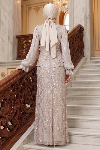 moda selvim Evening Dress 175DMNK1166 Cream - Thumbnail