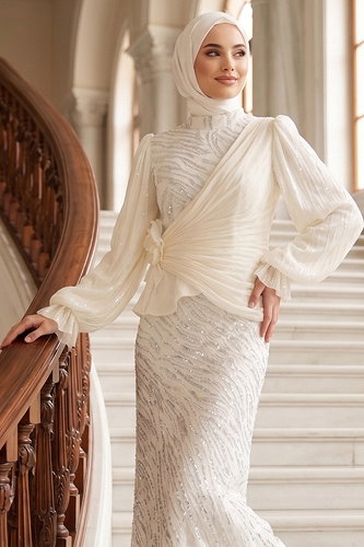 moda selvim Evening Dress 175DMNK1166 Ecru - Thumbnail