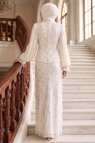 moda selvim Evening Dress 175DMNK1166 Ecru - Thumbnail