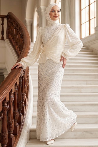 moda selvim Evening Dress 175DMNK1166 Ecru - Thumbnail