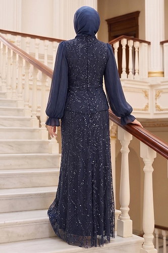 moda selvim Evening Dress 175DMNK1166 Navy Blue - Thumbnail