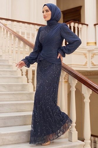 moda selvim Evening Dress 175DMNK1166 Navy Blue - Thumbnail