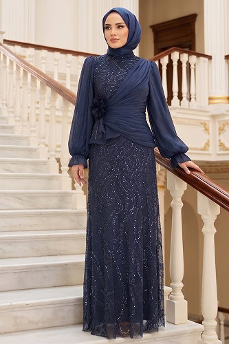 moda selvim Evening Dress 175DMNK1166 Navy Blue - Thumbnail