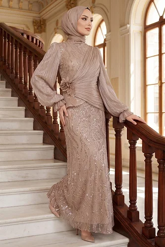 moda selvim فستان سهرة بيج 175DMNK1166 - Thumbnail