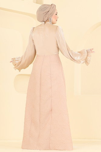 moda selvim فستان سهرة كريمي 178DMNK1166 - Thumbnail
