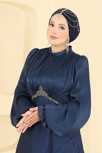 moda selvim فستان سهرة كحلي 178DMNK1166 - Thumbnail