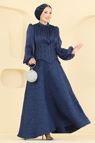 moda selvim فستان سهرة كحلي 179DMNK1166 - Thumbnail