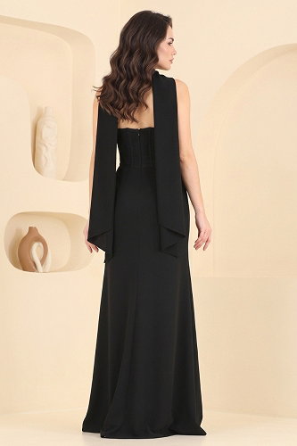 moda selvim فستان سهرة أسود 185DMNK1166 - Thumbnail
