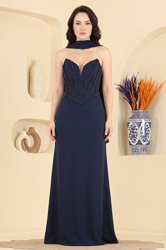 moda selvim Evening Dress 185DMNK1166 Navy Blue - Thumbnail