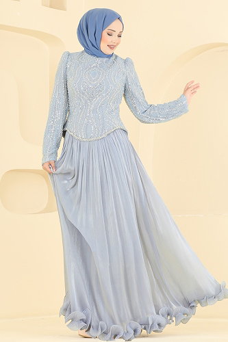 moda selvim Evening Dress 197DMNK1166 Baby Blue - Thumbnail