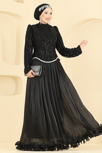 moda selvim فستان سهرة أسود 197DMNK1166 - Thumbnail