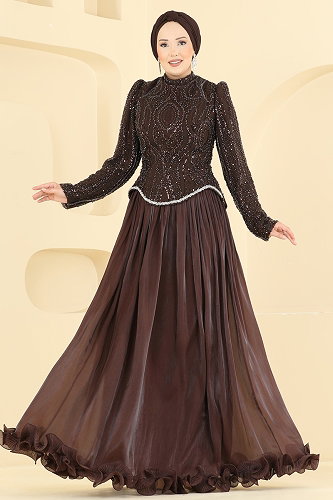 moda selvim Evening Dress 197DMNK1166 Brown - Thumbnail
