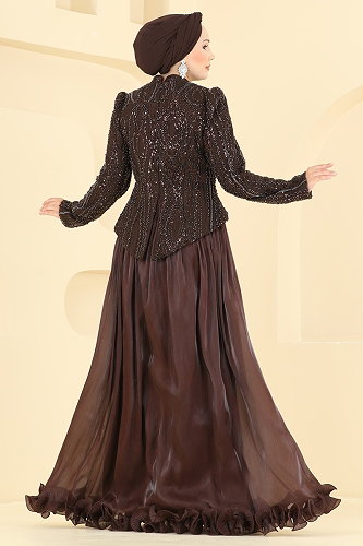 moda selvim Evening Dress 197DMNK1166 Brown - Thumbnail