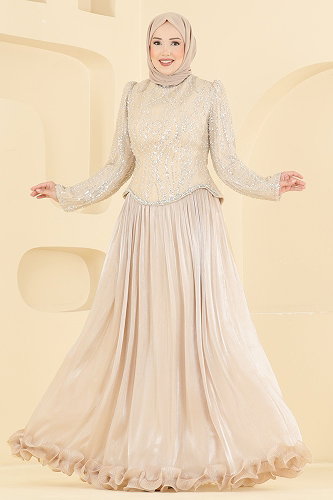 moda selvim Evening Dress 197DMNK1166 Cream - Thumbnail