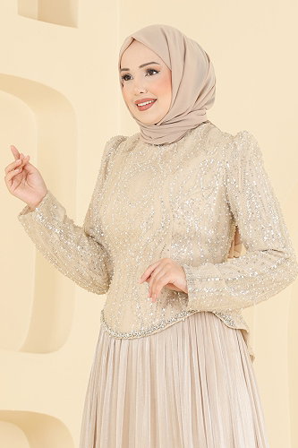 moda selvim Evening Dress 197DMNK1166 Cream - Thumbnail
