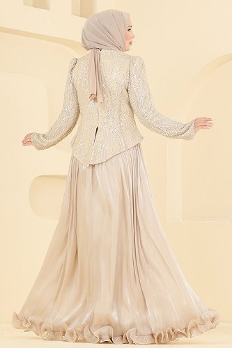 moda selvim فستان سهرة كريمي 197DMNK1166 - Thumbnail