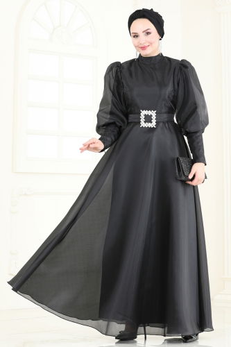 moda selvim فستان سهرة أسود 2003LPN858 - Thumbnail