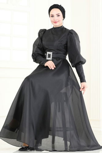 moda selvim فستان سهرة أسود 2003LPN858 - Thumbnail