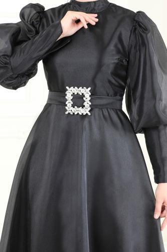 moda selvim فستان سهرة أسود 2003LPN858 - Thumbnail