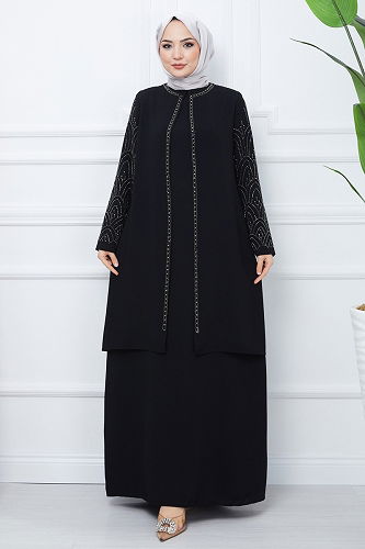 moda selvim فستان سهرة أسود 2003OZT1013 - Thumbnail