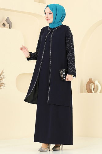 moda selvim فستان سهرة كحلي 2003OZT1013 - Thumbnail