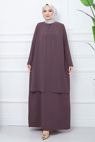 moda selvim فستان سهرة بيج وردي 2003OZT1013 - Thumbnail