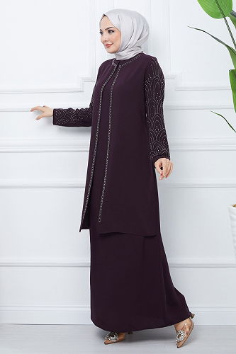 moda selvim فستان سهرة أرجواني 2003OZT1013 - Thumbnail