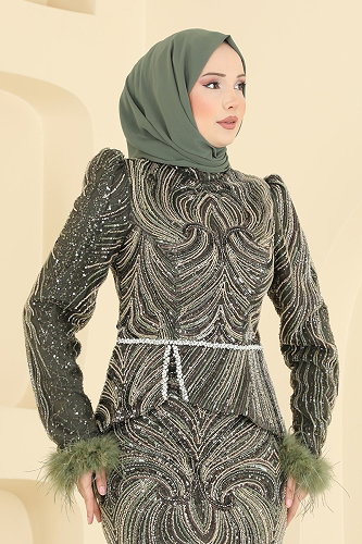 moda selvim فستان سهرة اخضر عفني 200DMNK1166 - Thumbnail