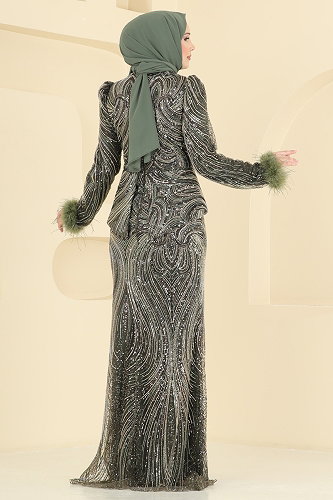 moda selvim فستان سهرة اخضر عفني 200DMNK1166 - Thumbnail
