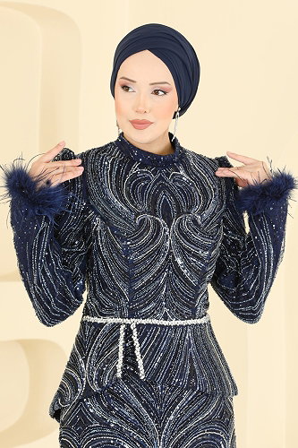moda selvim Evening Dress 200DMNK1166 Navy Blue - Thumbnail