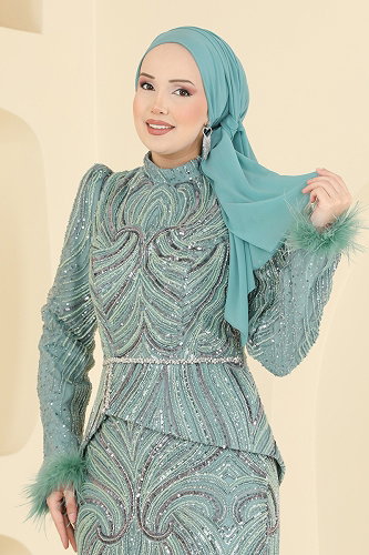 moda selvim فستان سهرة اخضر فاتح 200DMNK1166 - Thumbnail