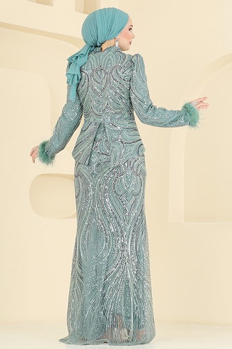 moda selvim فستان سهرة اخضر فاتح 200DMNK1166 - Thumbnail