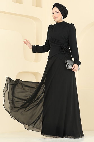 moda selvim فستان سهرة أسود 201DMNK1166 - Thumbnail