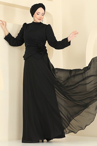 moda selvim فستان سهرة أسود 201DMNK1166 - Thumbnail