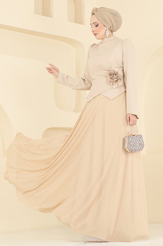 moda selvim فستان سهرة كريمي 201DMNK1166 - Thumbnail