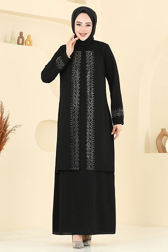moda selvim فستان سهرة أسود 2024OZT1013 - Thumbnail