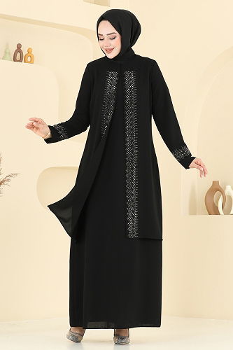 moda selvim فستان سهرة أسود 2024OZT1013 - Thumbnail