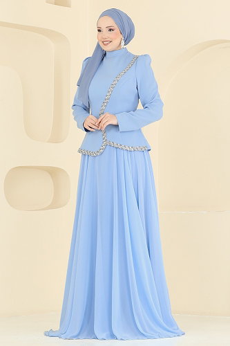 moda selvim فستان سهرة أزرق فاتح 202DMNK1166 - Thumbnail