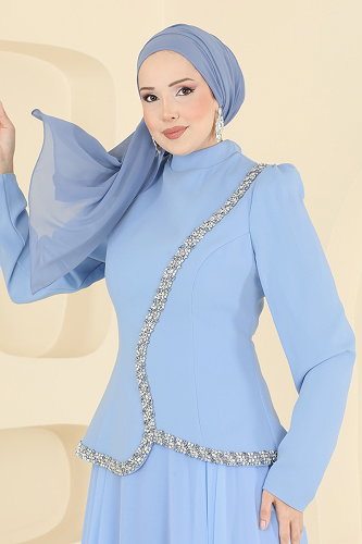 moda selvim فستان سهرة أزرق فاتح 202DMNK1166 - Thumbnail