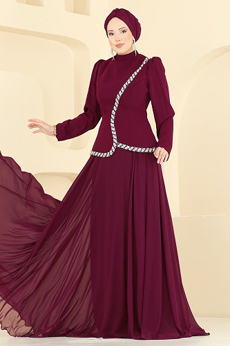 moda selvim Evening Dress 202DMNK1166 Burgundy - Thumbnail