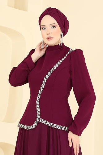 moda selvim Evening Dress 202DMNK1166 Burgundy - Thumbnail