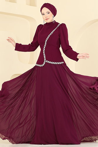 moda selvim فستان سهرة خمري 202DMNK1166 - Thumbnail