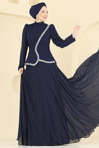 moda selvim Evening Dress 202DMNK1166 Navy Blue - Thumbnail
