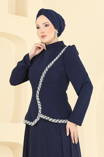 moda selvim فستان سهرة كحلي 202DMNK1166 - Thumbnail