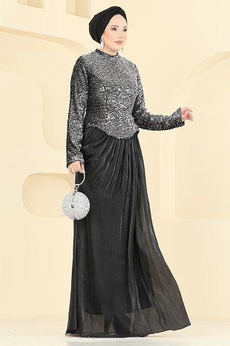 moda selvim فستان سهرة أسود 203DMNK1166 - Thumbnail
