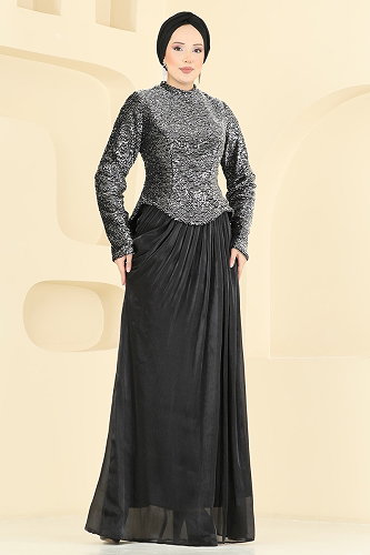 moda selvim فستان سهرة أسود 203DMNK1166 - Thumbnail